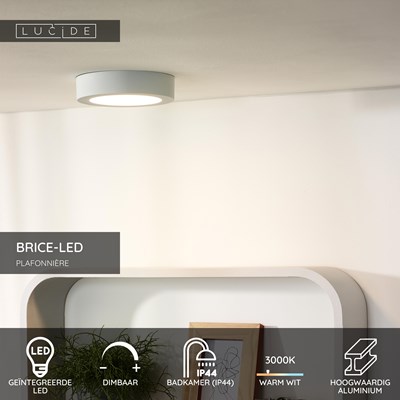 Lucide BRICE-LED - Plafonnière Badkamer - Ø 18 cm - LED Dimb. - 1x12W 3000K - IP44 - Wit